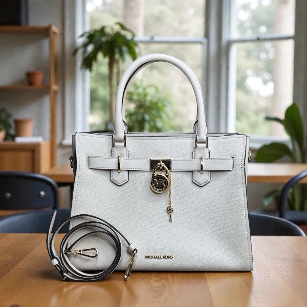 Michael Kors Hamilton Leather Medium Light Cream Satchel with Gold Accents